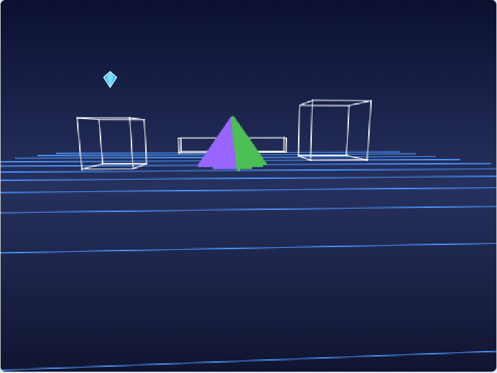 The 3D demo: a grid floor, wireframe boxes, a spinning filled pyramid and a floating gem sprite