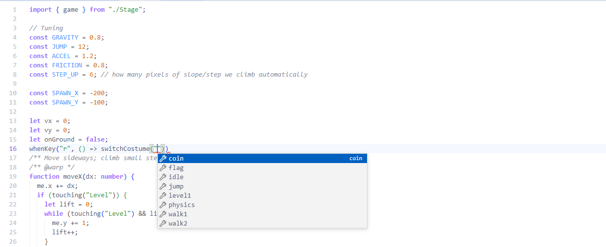Autocomplete listing costume names